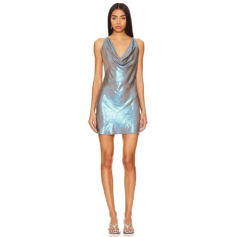 NWT My Beachy Side Iridescent Chain Back Mini Dress Silver Blue Goddess Slip M